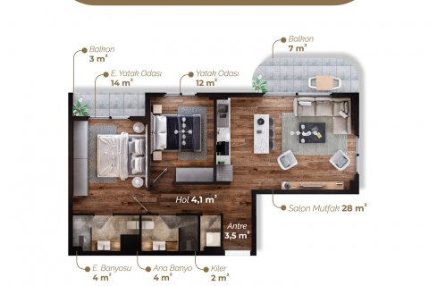 آپارتمان در  Izmir ، امارات متحده عربی 2 خوابه ، 81 متر مربع.  شماره 52436 - 15