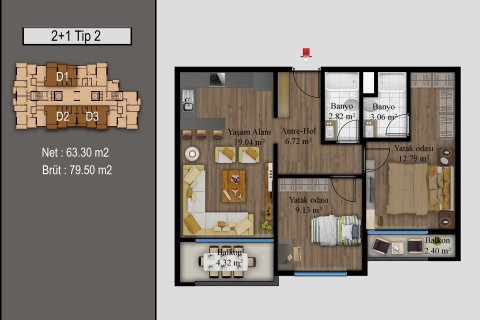 آپارتمان در  Mersin ، امارات متحده عربی 2 خوابه ، 79 متر مربع.  شماره 53961 - 25