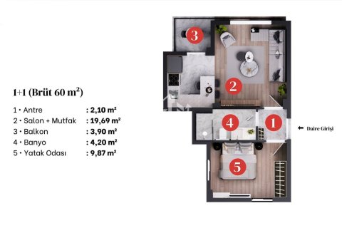 آپارتمان در  Antalya ، امارات متحده عربی 1 خوابه ، 60 متر مربع.  شماره 50617 - 23