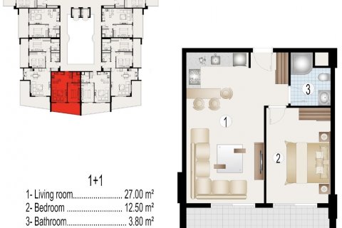 آپارتمان در  Alanya ، امارات متحده عربی 1 خوابه ، 74 متر مربع.  شماره 51482 - 21