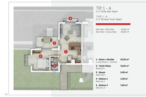آپارتمان در  Bodrum ، امارات متحده عربی 1 خوابه ، 58 متر مربع.  شماره 62644 - 18