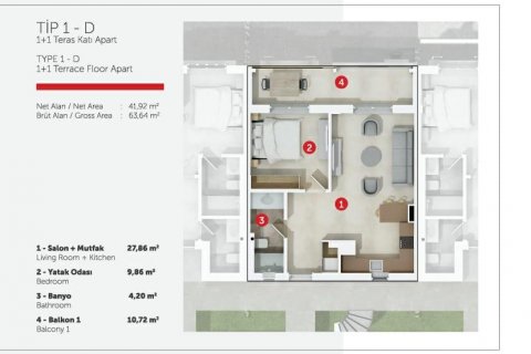 آپارتمان در  Bodrum ، امارات متحده عربی 1 خوابه ، 58 متر مربع.  شماره 62644 - 13