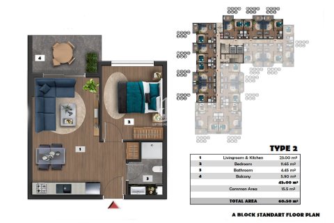 آپارتمان در  Konakli ، امارات متحده عربی 1 خوابه ، 60 متر مربع.  شماره 49797 - 27