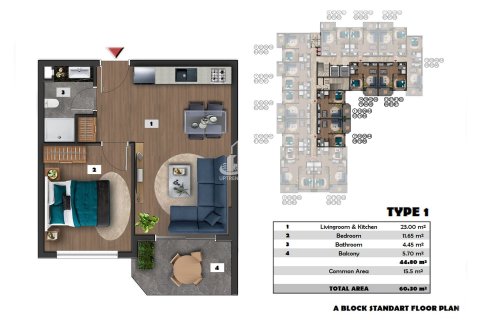 آپارتمان در  Konakli ، امارات متحده عربی 1 خوابه ، 60 متر مربع.  شماره 49797 - 24