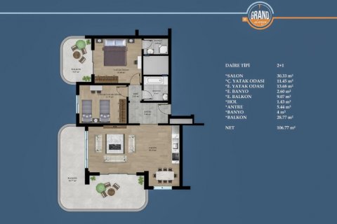 آپارتمان در  Alanya ، امارات متحده عربی 2 خوابه ، 106 متر مربع.  شماره 70443 - 3