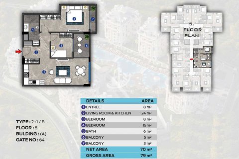 آپارتمان در  Oba ، امارات متحده عربی 1 خوابه ، 46 متر مربع.  شماره 67034 - 18