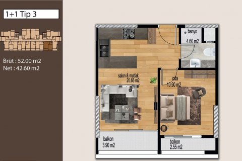 آپارتمان در  Mersin ، امارات متحده عربی 1 خوابه ، 55 متر مربع.  شماره 77590 - 5