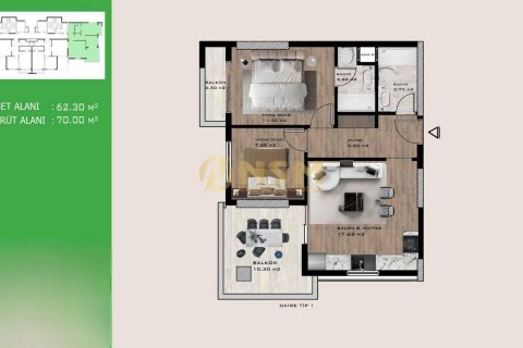 آپارتمان در  Mersin ، امارات متحده عربی 2 خوابه ، 69 متر مربع.  شماره 72127 - 15