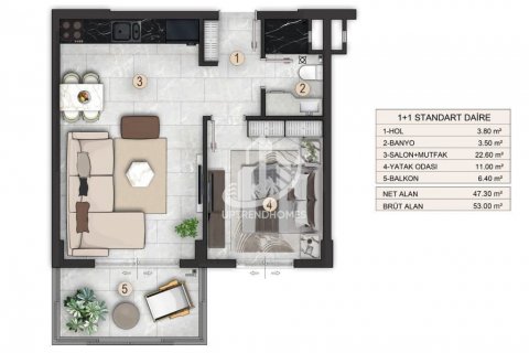آپارتمان در  Gazipasa ، امارات متحده عربی 1 خوابه ، 45 متر مربع.  شماره 76501 - 19