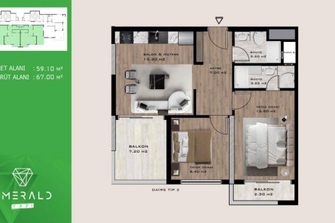 آپارتمان در  Mersin ، امارات متحده عربی 2 خوابه ، 69 متر مربع.  شماره 72127 - 11