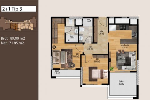 آپارتمان در  Mersin ، امارات متحده عربی 1 خوابه ، 55 متر مربع.  شماره 77590 - 4