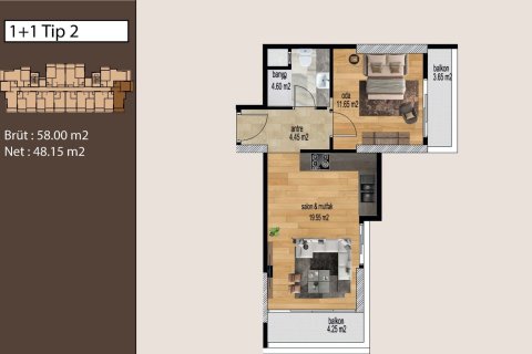 آپارتمان در  Mersin ، امارات متحده عربی 1 خوابه ، 55 متر مربع.  شماره 77590 - 2