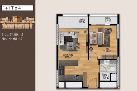 آپارتمان در  Mersin ، امارات متحده عربی 1 خوابه ، 55 متر مربع.  شماره 77590 - 7