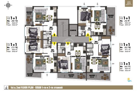 آپارتمان در در Hacet Antik Residence (Аланья, Турция) Alanya ، امارات متحده عربی 1 خوابه ، 55 متر مربع.  شماره 80439 - 11