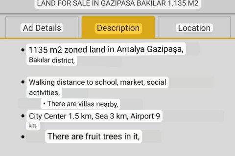 زمین در  Gazipasa ، امارات متحده عربی 1135 متر مربع.  شماره 81329 - 5
