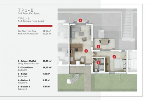 Продажа квартиры  в Бодруме, Мугле, Турция 1+1, 58м2, №62644 – фото 14